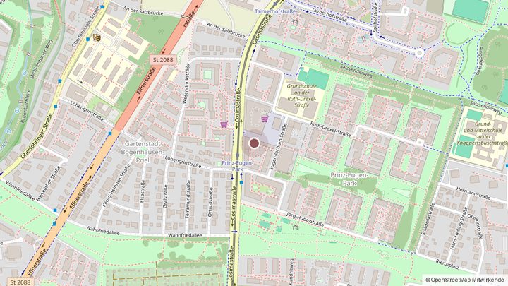 Kartenausschnitt von München-Bogenhausen. Eine Marke kennzeichnet das Studio am Maria-Nindl-Platz, direkt am Prinz-Eugen-Park und an der Cosimastraße.